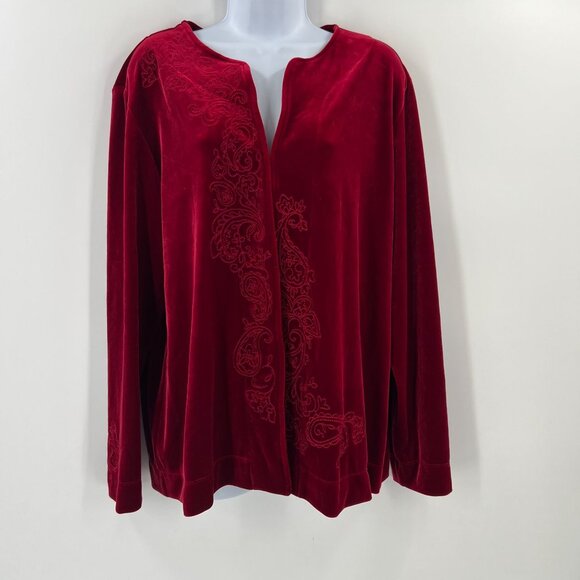 Chico's Size 3 (XL) Red Velvet Embroidered Jacket Open Front Cardigan Holiday Pa - Picture 1 of 12